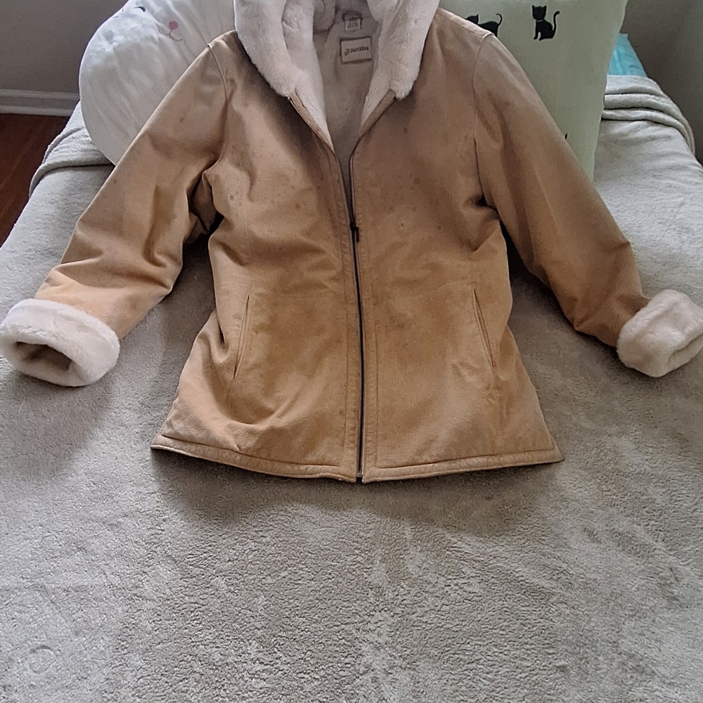 Ladies tan suede fully lined hooded warm winter coat with heavy duty zipper